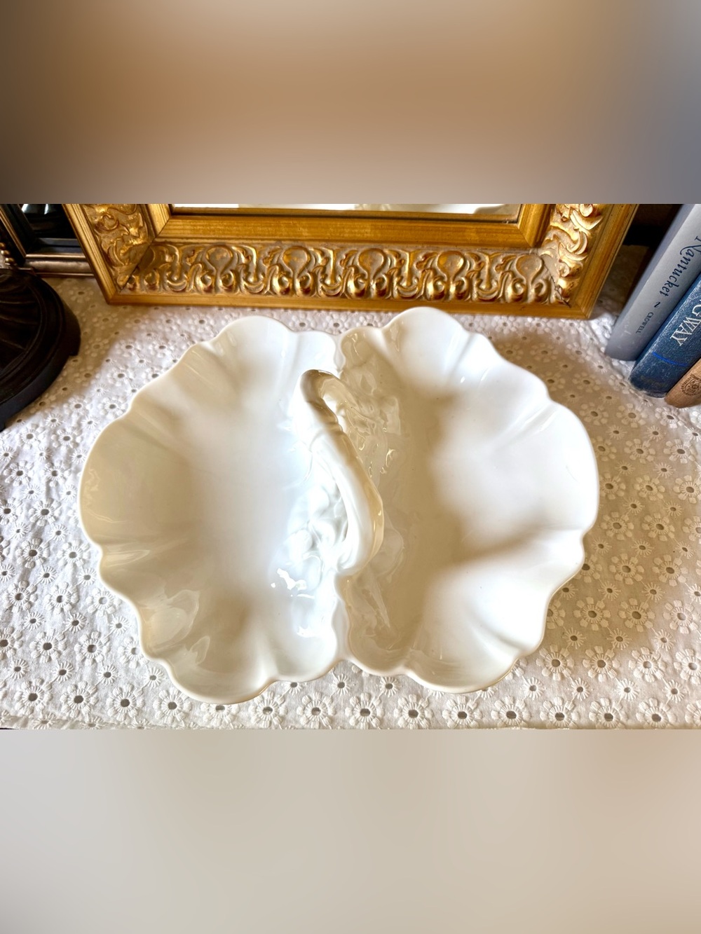 Vintage White Swan Divided Serving Dish 12” Scalloped Ceramic Centerpiece Bowl